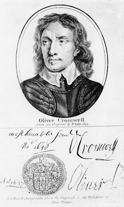 Ritratto di Oliver Cromwell (1599-1658) da un originale di Peter Lely del 1653, e il suo sigillo e autografi da English School